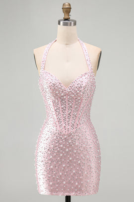 Sparkly Pink Corset Tight Halter Short Pearl Homecoming Dress with Beading