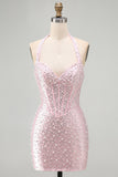 Sparkly Pink Corset Tight Halter Short Pearl Homecoming Dress with Beading