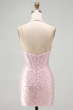 Sparkly Pink Corset Tight Halter Short Pearl Homecoming Dress with Beading