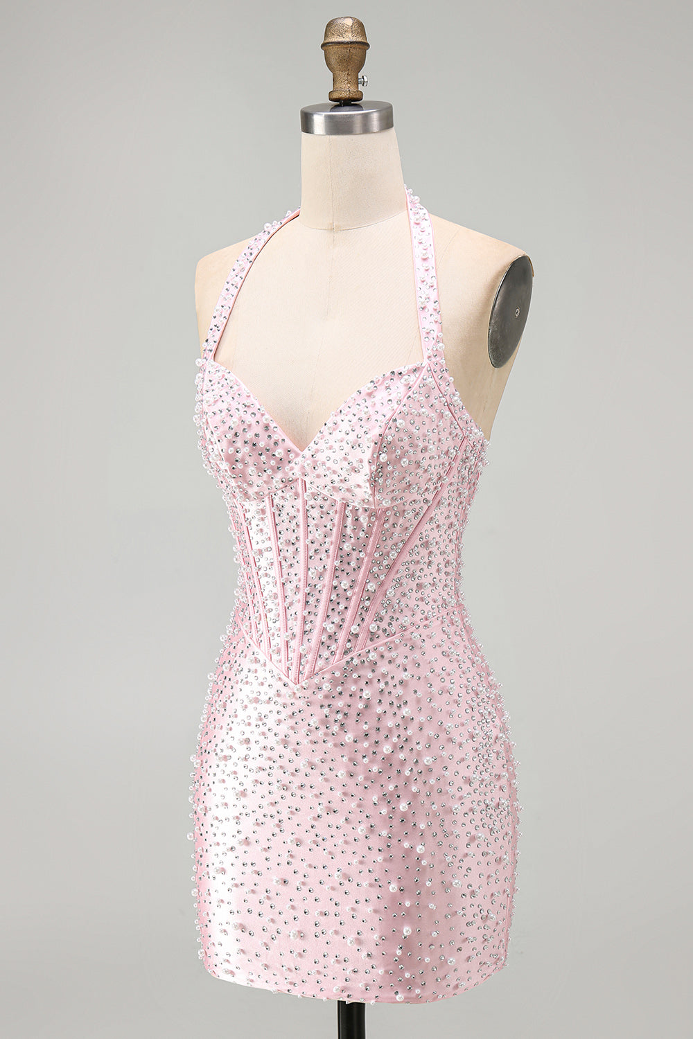 Sparkly Pink Corset Tight Halter Short Pearl Homecoming Dress with Beading