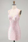 Sparkly Pink Corset Tight Halter Short Pearl Homecoming Dress with Beading