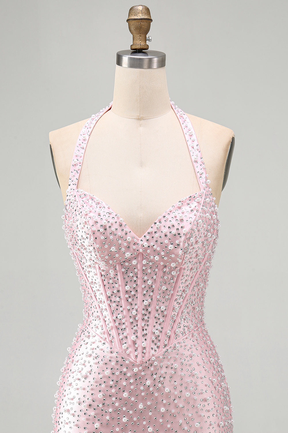 Sparkly Pink Corset Tight Halter Short Pearl Homecoming Dress with Beading