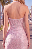Sparkly Pink Corset Tight Halter Short Pearl Homecoming Dress with Beading