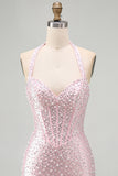 Sparkly Pink Corset Tight Halter Short Pearl Homecoming Dress with Beading