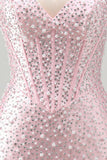 Sparkly Pink Corset Tight Halter Short Pearl Homecoming Dress with Beading
