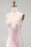 Sparkly Pink Corset Tight Halter Short Pearl Homecoming Dress with Beading