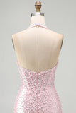 Sparkly Pink Corset Tight Halter Short Pearl Homecoming Dress with Beading
