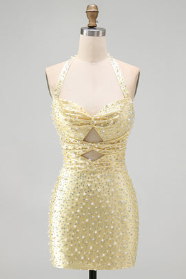 Sparkly Yellow Satin Tight Halter Cut Out Short Pearl Homecoming Dress