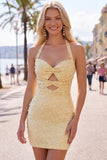 Sparkly Yellow Satin Tight Halter Cut Out Short Pearl Homecoming Dress