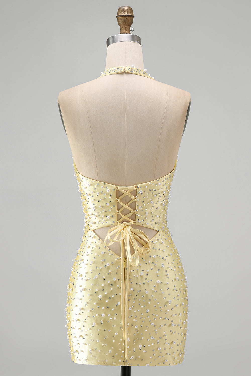 Sparkly Yellow Satin Tight Halter Cut Out Short Pearl Homecoming Dress