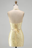 Sparkly Yellow Satin Tight Halter Cut Out Short Pearl Homecoming Dress