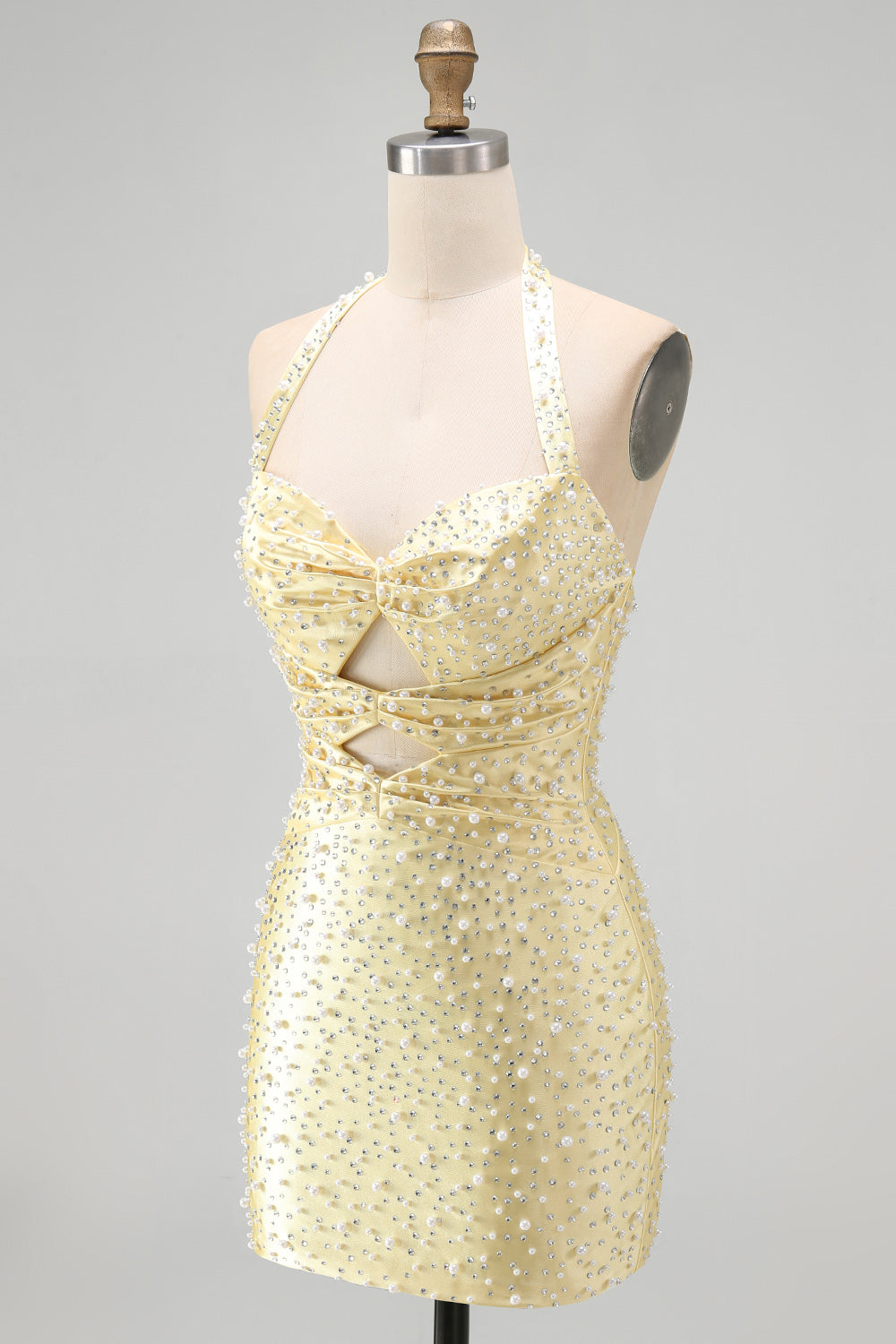 Sparkly Yellow Satin Tight Halter Cut Out Short Pearl Homecoming Dress