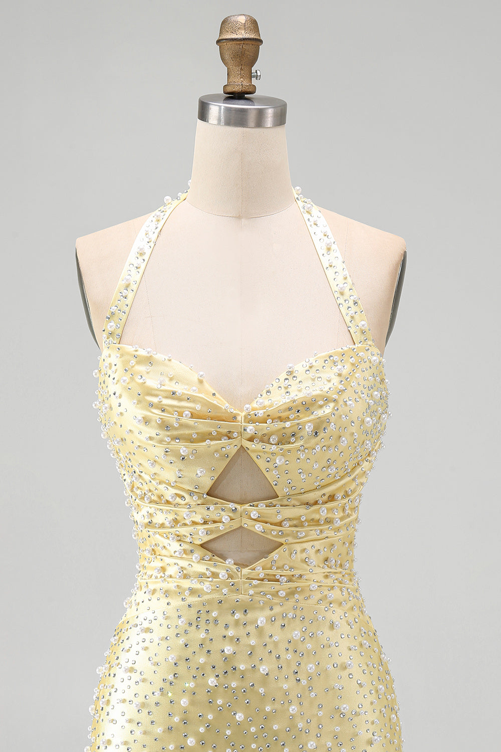 Sparkly Yellow Satin Tight Halter Cut Out Short Pearl Homecoming Dress
