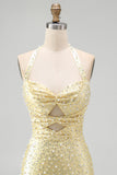 Sparkly Yellow Satin Tight Halter Cut Out Short Pearl Homecoming Dress