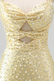 Sparkly Yellow Satin Tight Halter Cut Out Short Pearl Homecoming Dress