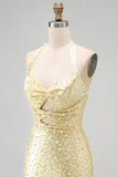 Sparkly Yellow Satin Tight Halter Cut Out Short Pearl Homecoming Dress