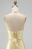 Sparkly Yellow Satin Tight Halter Cut Out Short Pearl Homecoming Dress