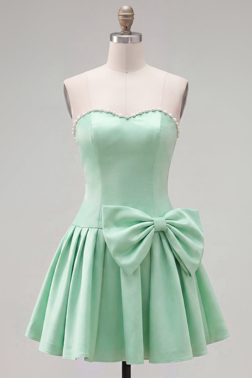 Mint Satin Beaded A-Line Short Homecoming Dress with Bow