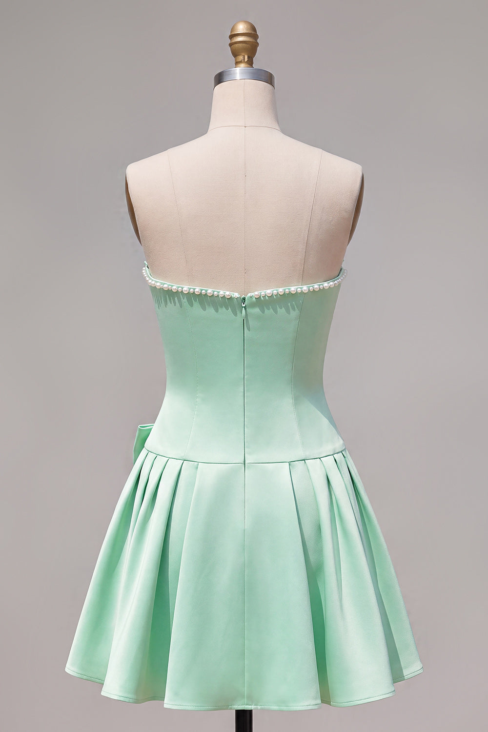 Mint Satin Beaded A-Line Short Homecoming Dress with Bow