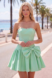 Mint Satin Beaded A-Line Short Homecoming Dress with Bow