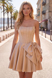 Sparkly Yellow Beaded Corset A-Line Short Homecoming Dress with Bow