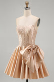 Sparkly Yellow Beaded Corset A-Line Short Homecoming Dress with Bow