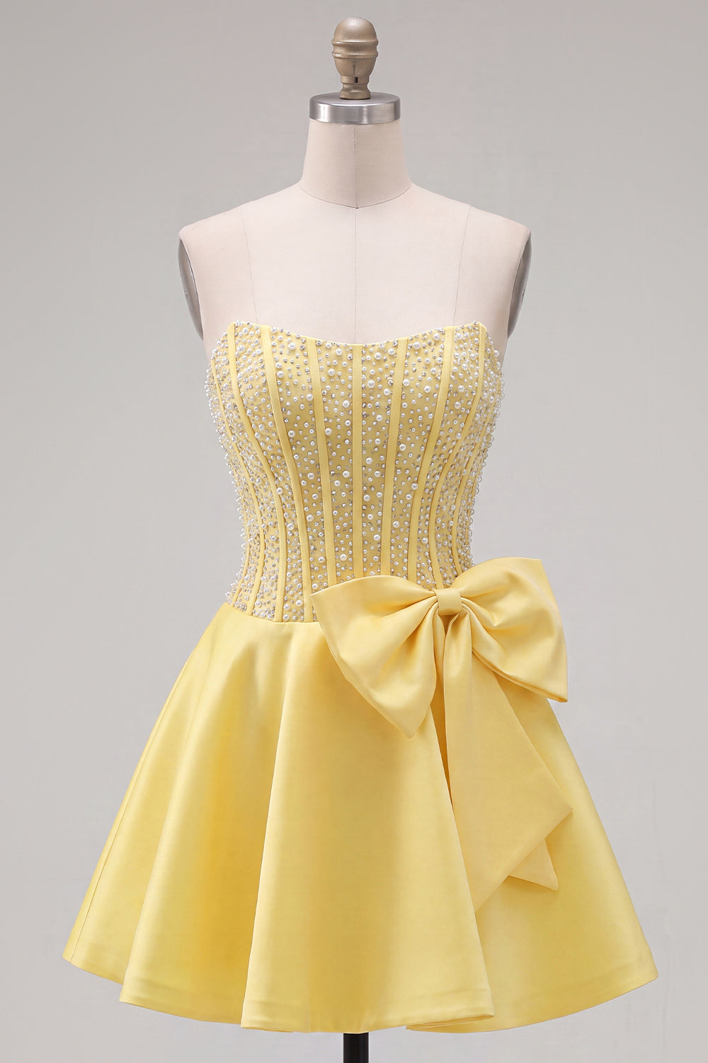 Sparkly Yellow Beaded Corset A-Line Short Homecoming Dress with Bow