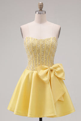 Sparkly Yellow Beaded Corset A-Line Short Homecoming Dress with Bow