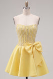 Sparkly Yellow Beaded Corset A-Line Short Homecoming Dress with Bow