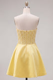 Sparkly Yellow Beaded Corset A-Line Short Homecoming Dress with Bow