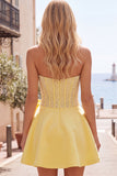 Sparkly Yellow Beaded Corset A-Line Short Homecoming Dress with Bow