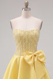 Sparkly Yellow Beaded Corset A-Line Short Homecoming Dress with Bow