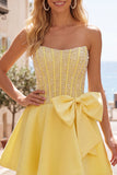 Sparkly Yellow Beaded Corset A-Line Short Homecoming Dress with Bow