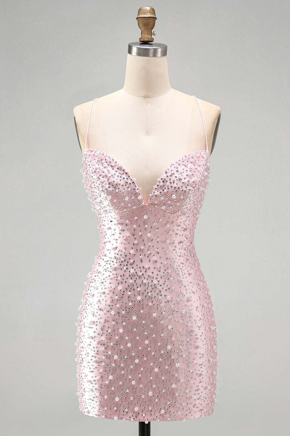 Sparkly Pink Tight V-Neck Beaded Short Homecoming Dress with Pearl