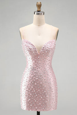 Sparkly Pink Tight V-Neck Beaded Short Homecoming Dress with Pearl