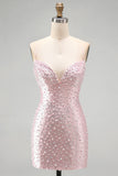 Sparkly Pink Tight V-Neck Beaded Short Homecoming Dress with Pearl