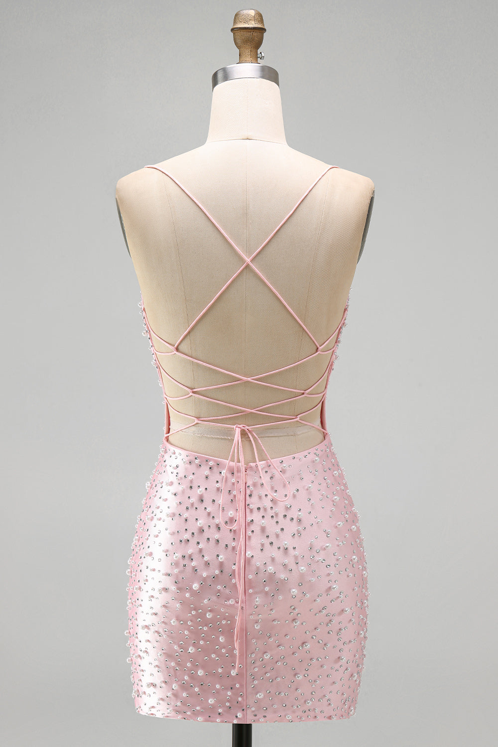 Sparkly Pink Tight V-Neck Beaded Short Homecoming Dress with Pearl