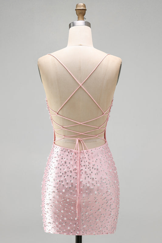 Sparkly Pink Tight V-Neck Beaded Short Homecoming Dress with Pearl