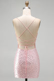 Sparkly Pink Tight V-Neck Beaded Short Homecoming Dress with Pearl