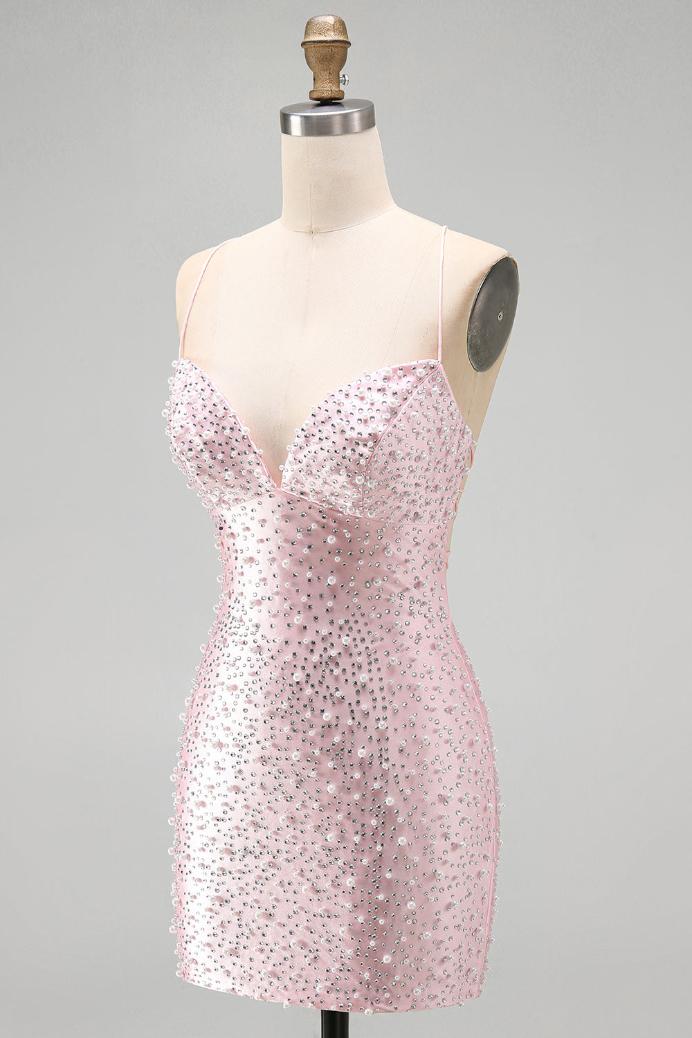 Sparkly Pink Tight V-Neck Beaded Short Homecoming Dress with Pearl