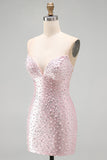 Sparkly Pink Tight V-Neck Beaded Short Homecoming Dress with Pearl