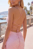 Sparkly Pink Tight V-Neck Beaded Short Homecoming Dress with Pearl