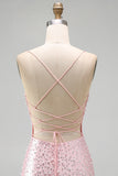 Sparkly Pink Tight V-Neck Beaded Short Homecoming Dress with Pearl