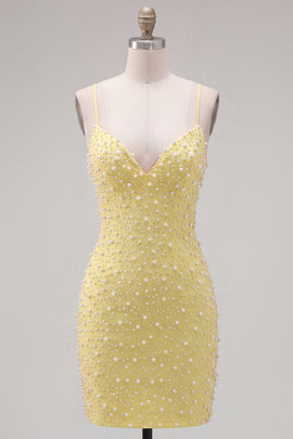 Sparkly Yellow Beaded Spaghetti Straps Tight Short Homecoming Dress