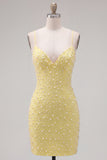 Sparkly Yellow Beaded Spaghetti Straps Tight Short Homecoming Dress