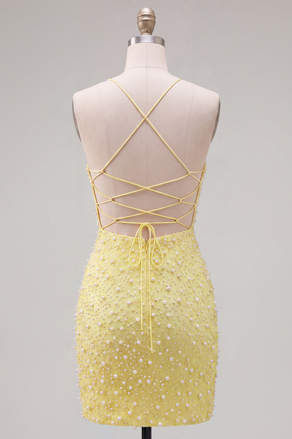 Sparkly Yellow Beaded Spaghetti Straps Tight Short Homecoming Dress