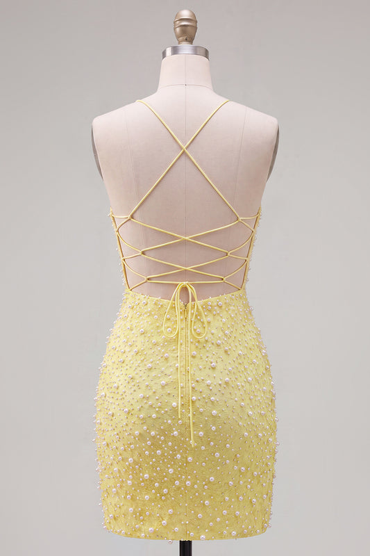 Sparkly Yellow Beaded Spaghetti Straps Tight Short Homecoming Dress