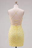 Sparkly Yellow Beaded Spaghetti Straps Tight Short Homecoming Dress