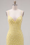 Sparkly Yellow Beaded Spaghetti Straps Tight Short Homecoming Dress