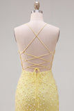 Sparkly Yellow Beaded Spaghetti Straps Tight Short Homecoming Dress